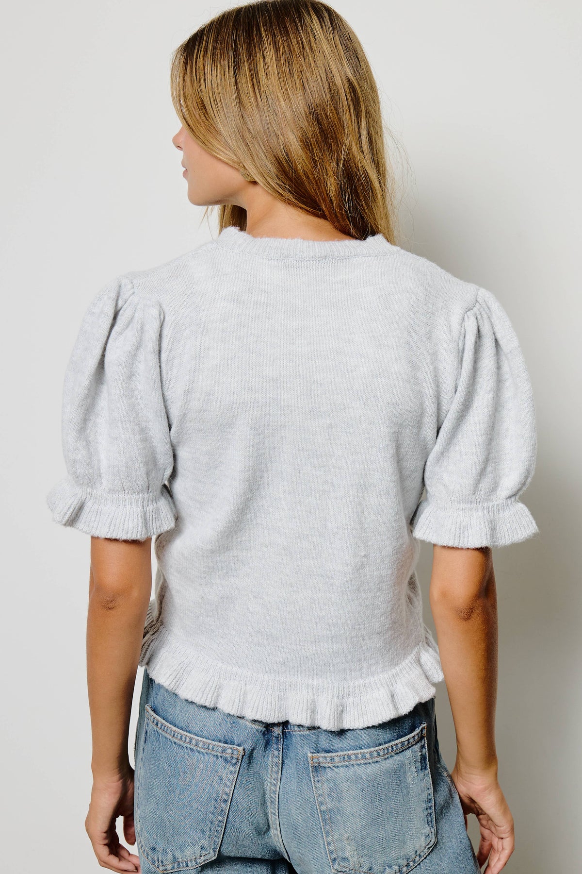 Mimosa - Puff Sleeve Ruffle Hem Knit Cardigan: Ivory / M