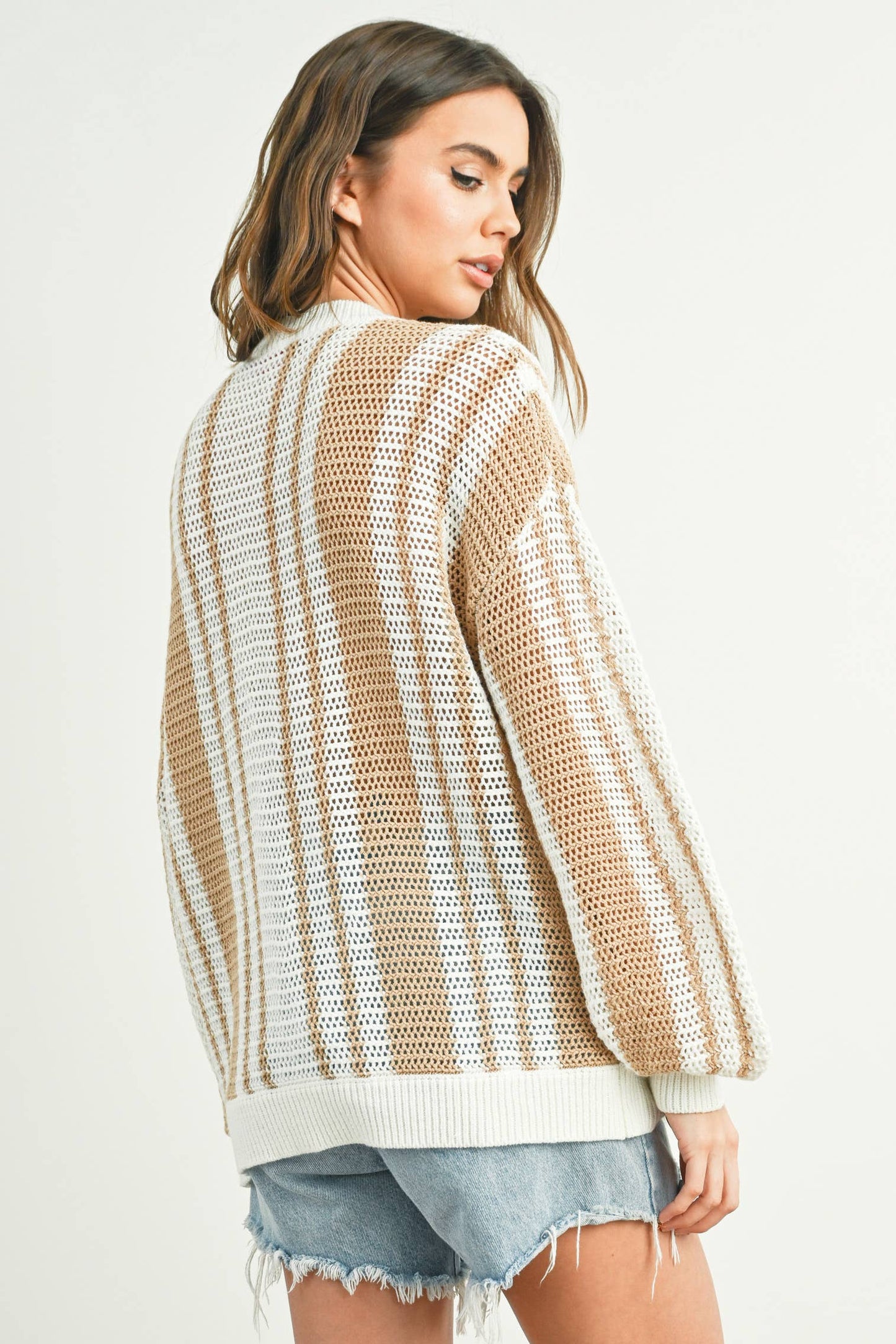 Drop Shoulder Striped Pattern Sweater: IVORY / NAVY