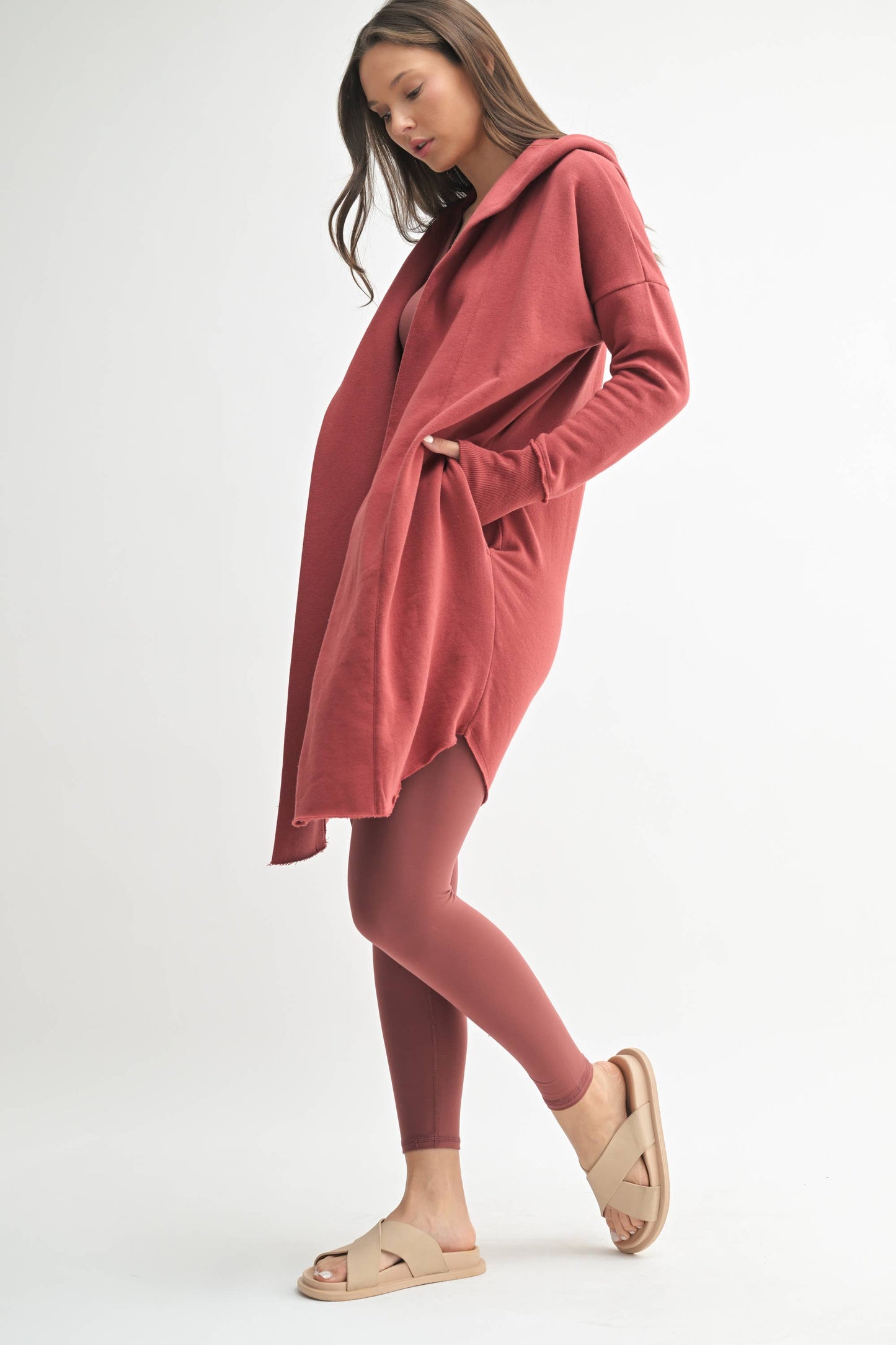 Open Front Longline Hoodie Cardigan: NATURAL