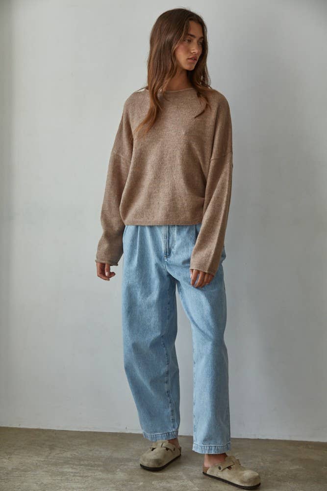 By Together - W2114 | Knit Sweater Rolled Round Neck Pullover Top: Green / S
