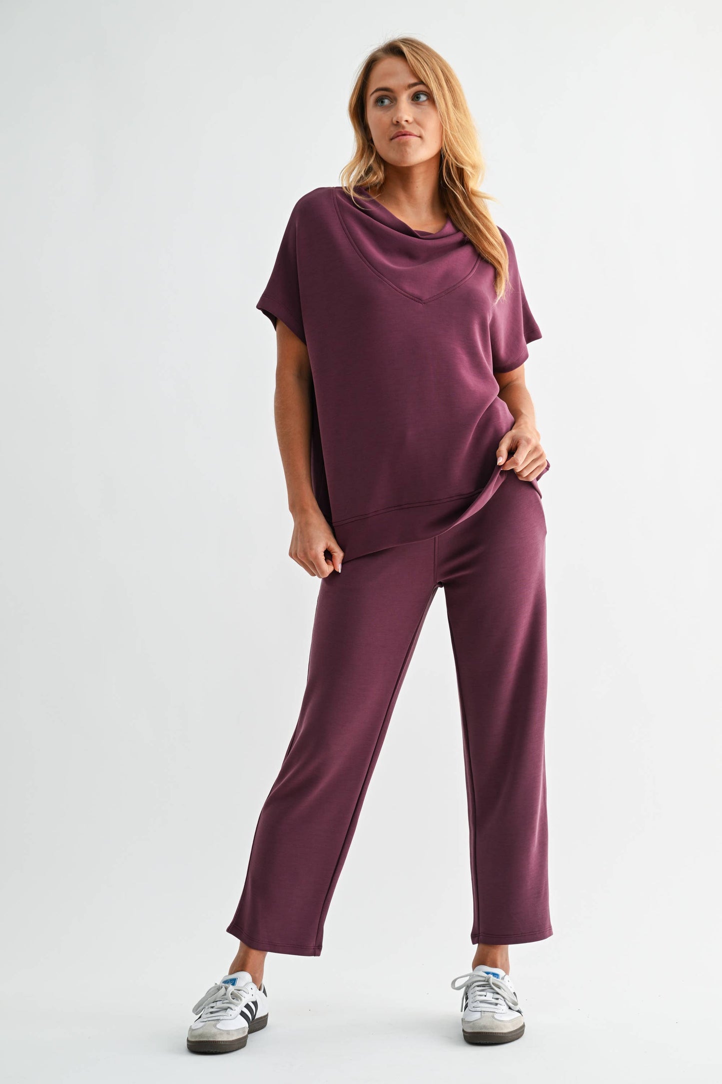 Laguna Cowl Neck Top: GARNET RED