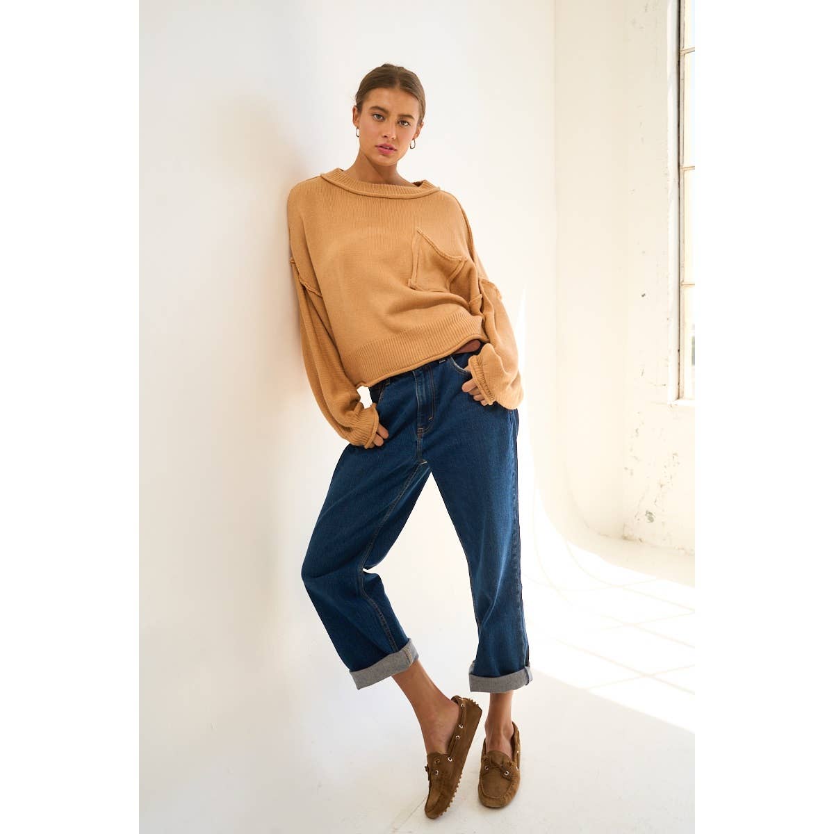 The GREii - Exposed Seam Knit Sweater: CAMEL / M