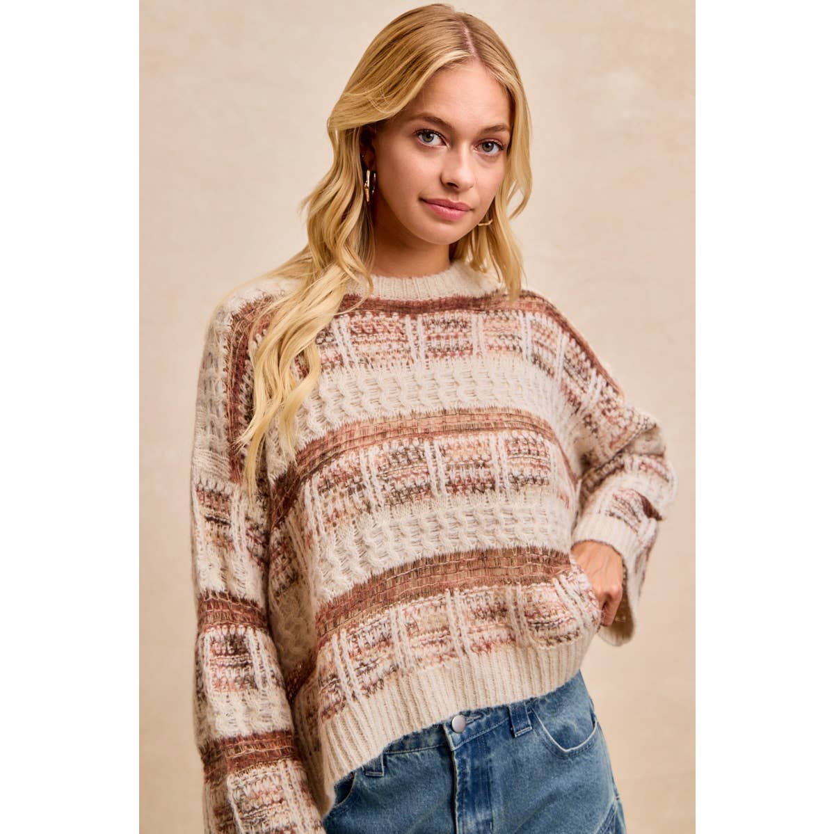 BiBi - VINTAGE SOFT CHECK PATTERN CHUNKY KNIT SWEATER: MOCHA MULTI / XL