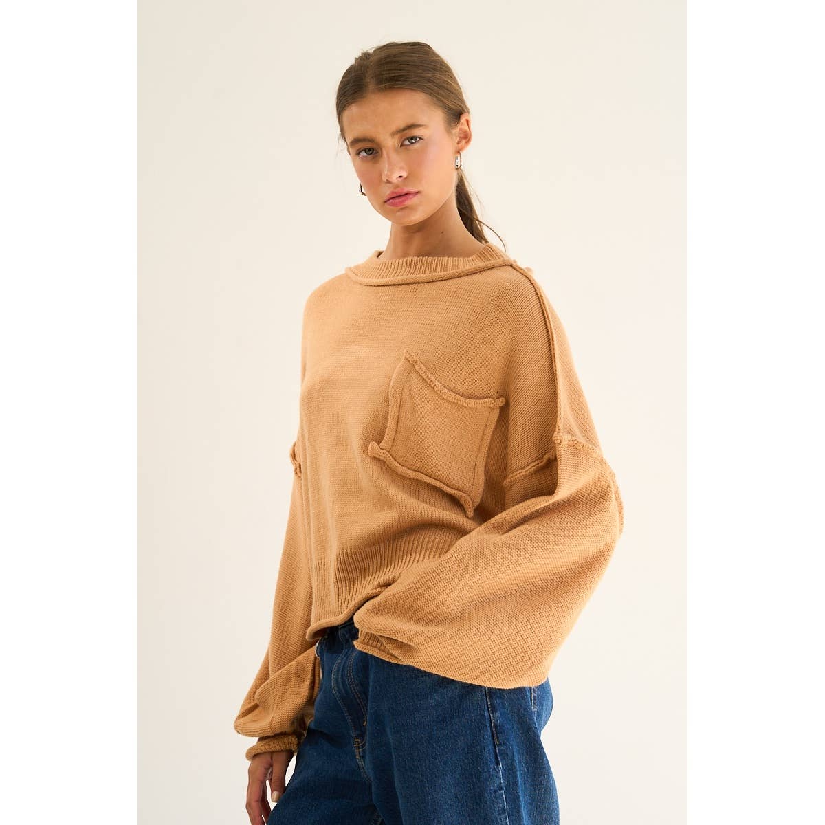 The GREii - Exposed Seam Knit Sweater: CAMEL / S