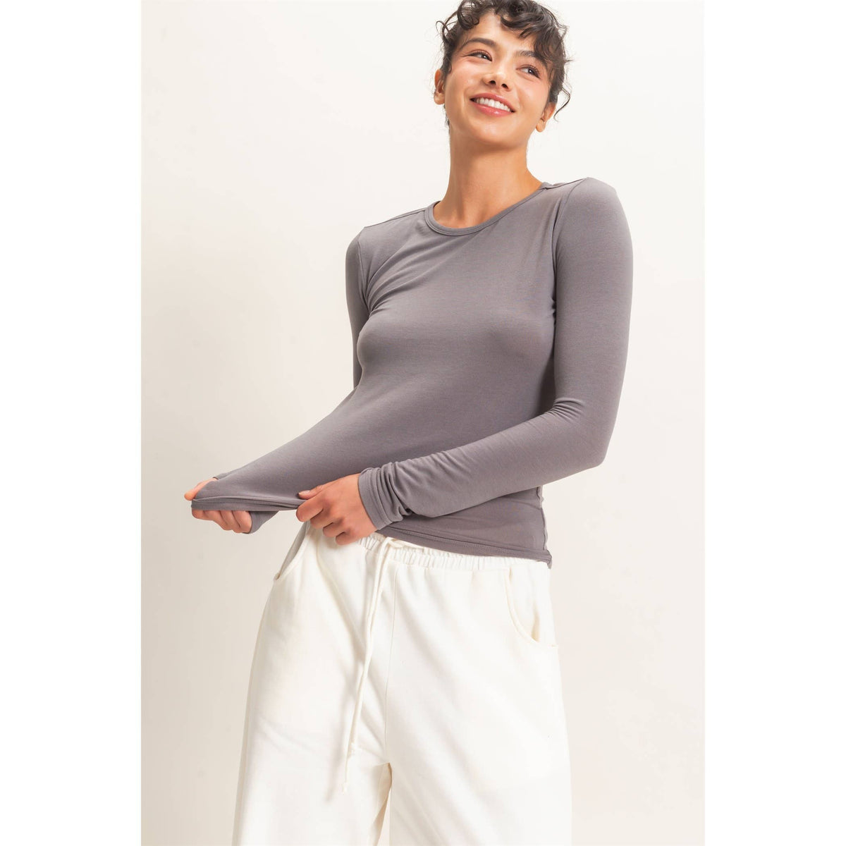 Crew Neck Long Sleeve Top: CHARCOAL