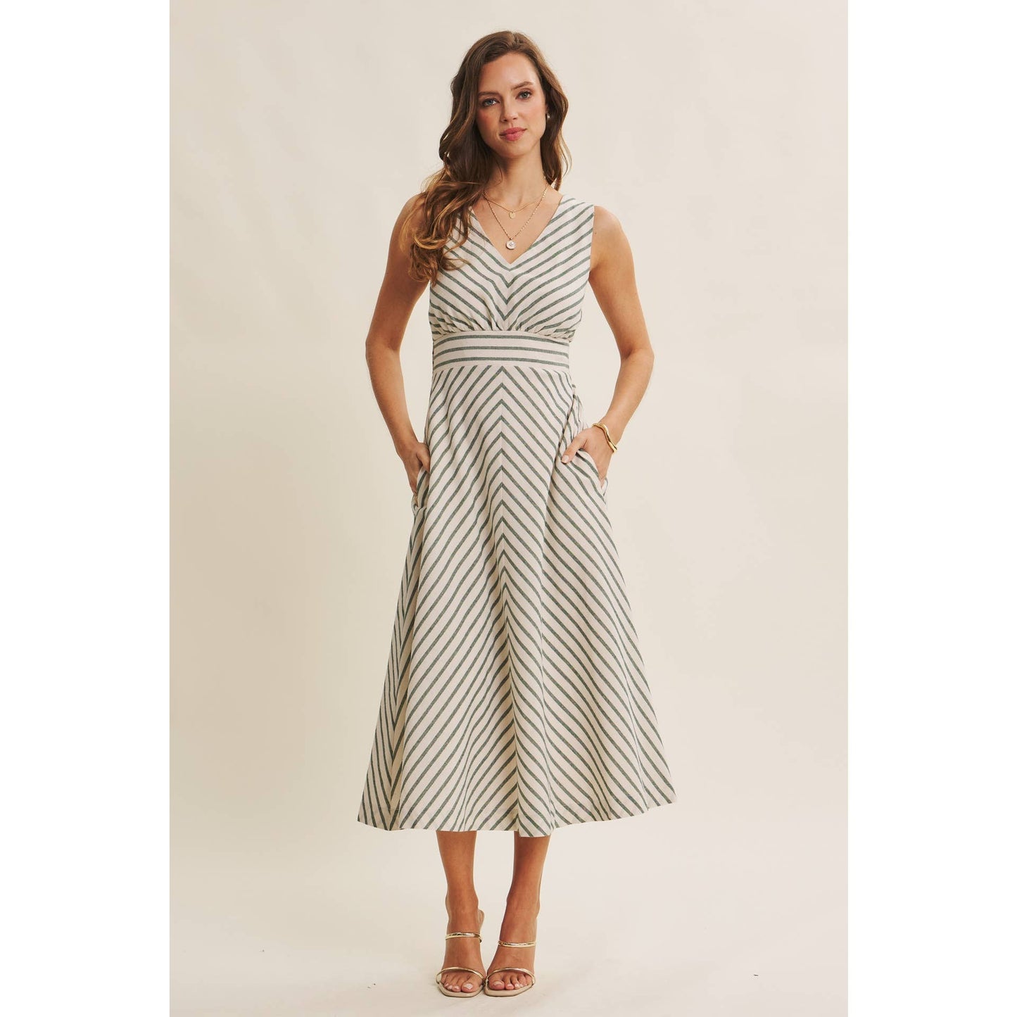 in february - SOFT-GLOW COTTON BLEND LUREX STRIPE FIT AND FLARE MIDI DRESS: RED / L