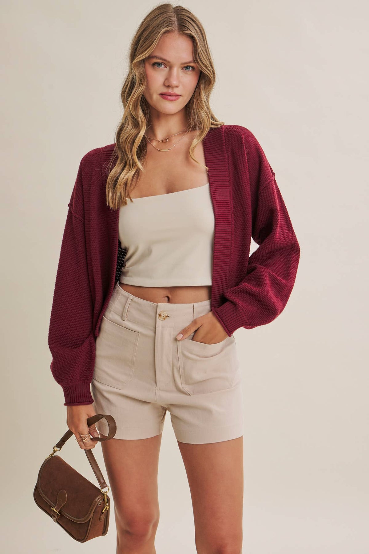 in february - EVERYDAY ESEENTIAL EASY LAYERING BALLOON SLV WAFFLE CARDIGAN: ROSEWOOD / L