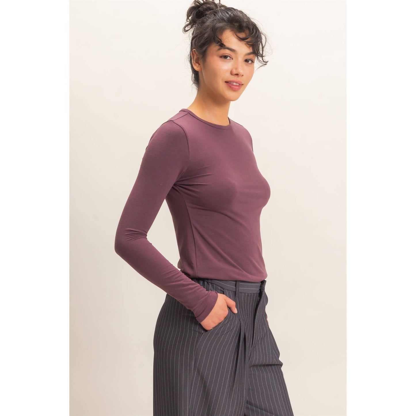Crew Neck Long Sleeve Top: CHARCOAL