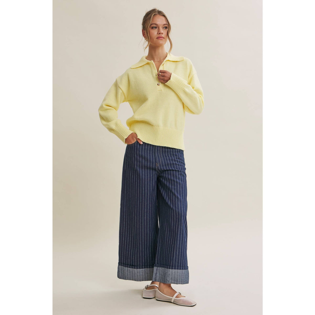 in february - MORNING LIGHT UPLIFTING SOFT PASTEL POLO SWEATER TOP: BUTTER YELLOW / M
