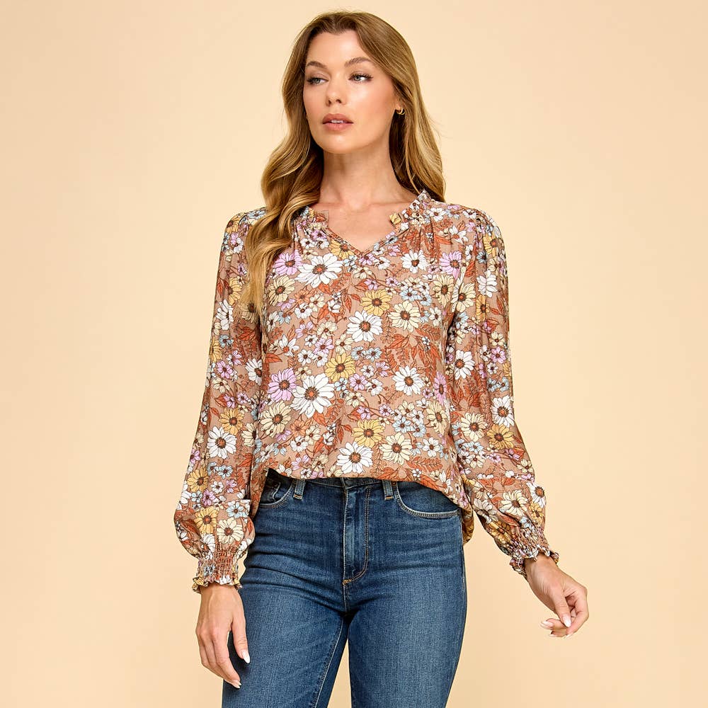 Les Amis - Floral Print Long Sleeve Blouse with Ruffled Neck: Mocha / M