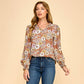 Les Amis - Floral Print Long Sleeve Blouse with Ruffled Neck: Mocha / S