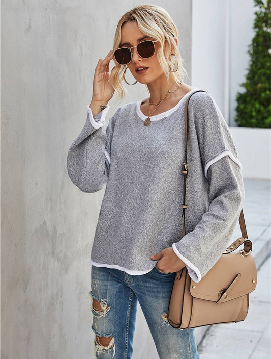 Casual Crew Neck Pullover Long Sleeve Sweater: GREY