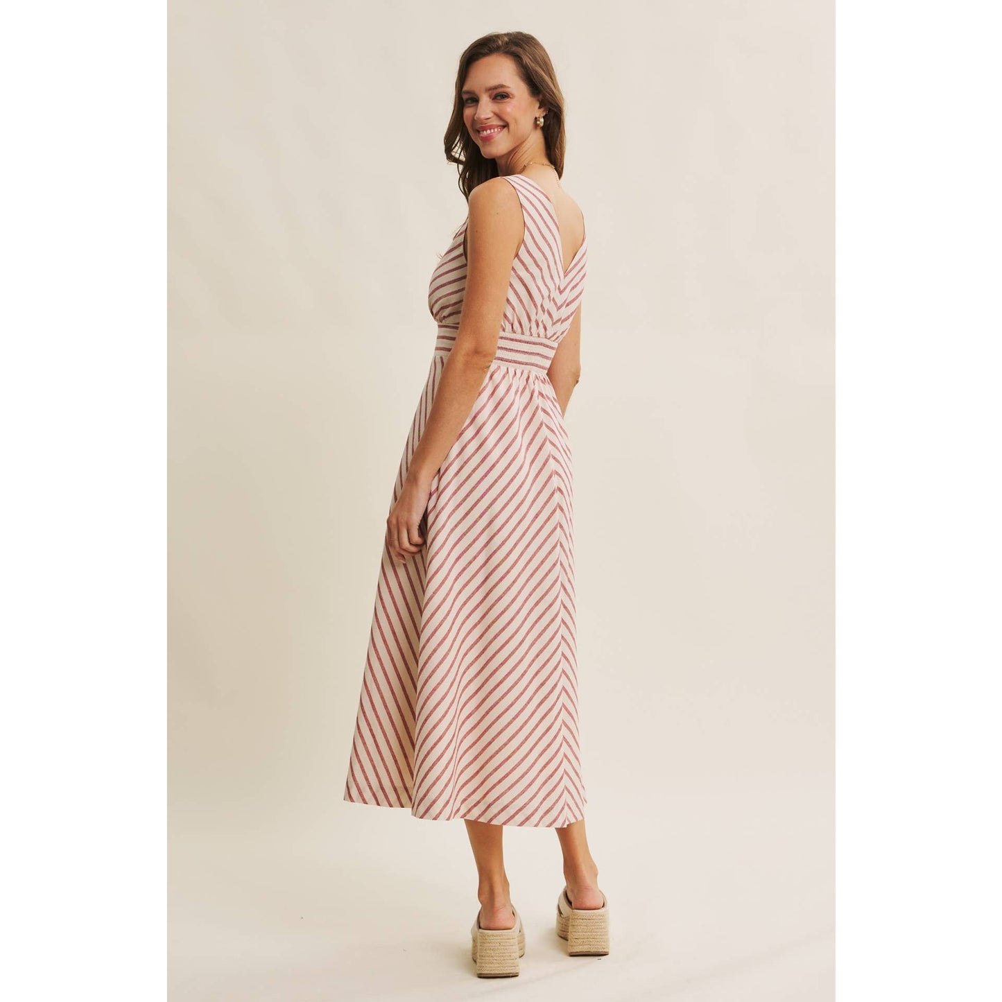 in february - SOFT-GLOW COTTON BLEND LUREX STRIPE FIT AND FLARE MIDI DRESS: RED / S