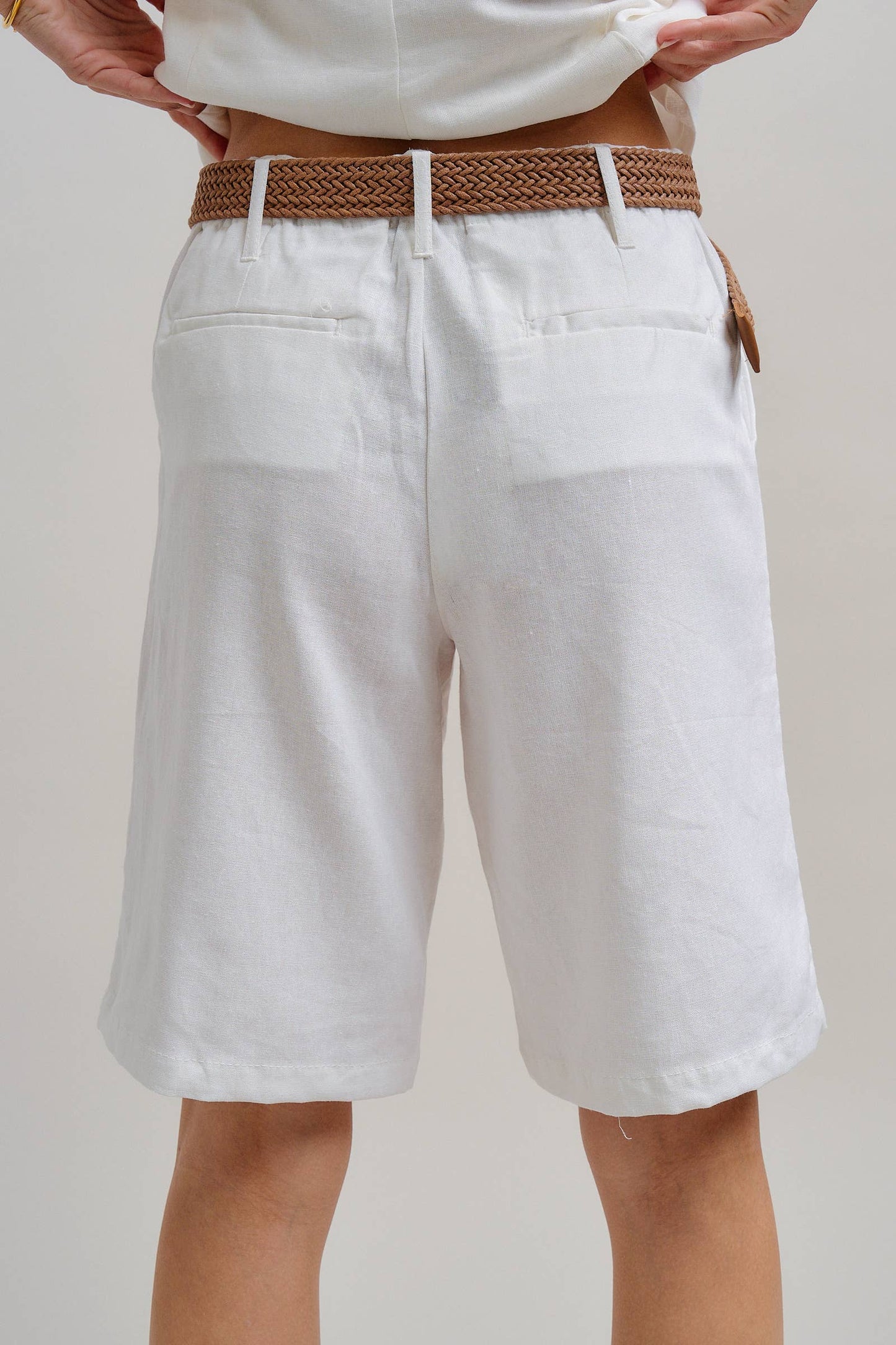 Linen Blend Belted Bermuda Shorts: WHITE