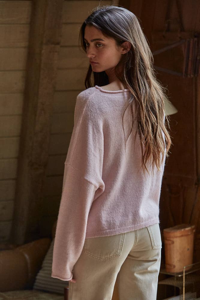 By Together - W2114 | Knit Sweater Rolled Round Neck Pullover Top: Green / M