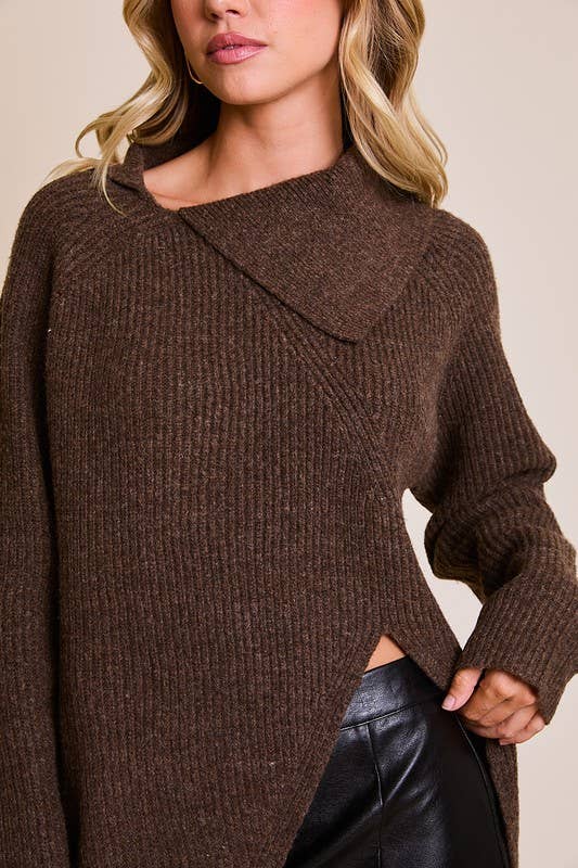 Long Sleeve Asymmetrical Cut Out Ribbed Sweater: Brown