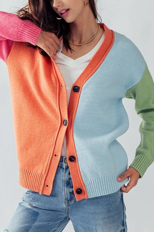 Multi-color Cardigan Sweater: ORANGE /BLUE