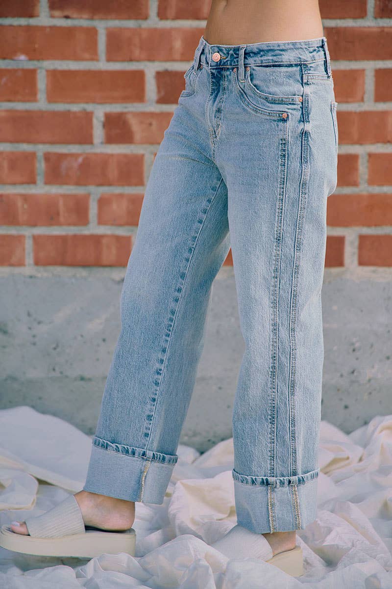 BiBi - VINTAGE WASHED STRAIGHT JEANS WITH SIDE STITCH DETAIL: WASHED DENIM / L