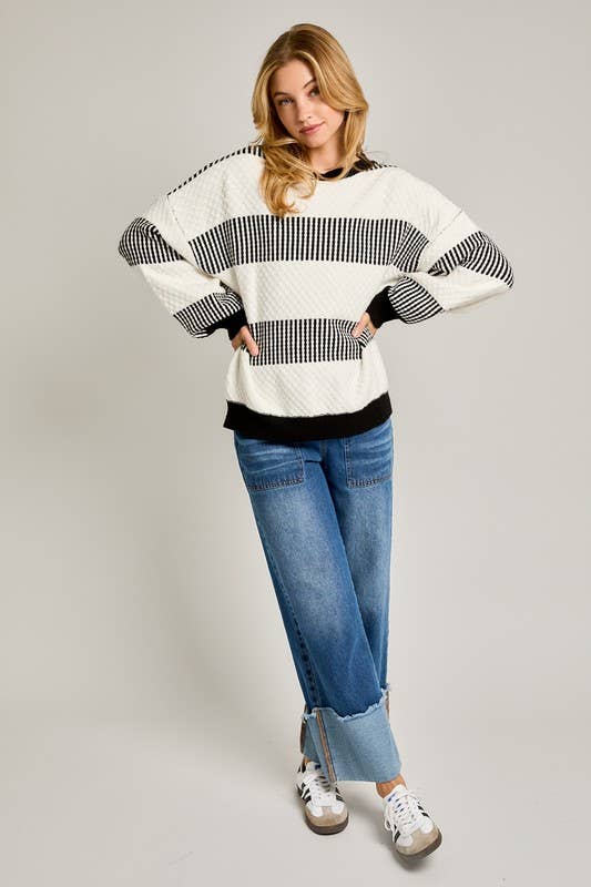 Long Sleeve Crew Neck Striped Pattern Sweater: Black-white Stripe