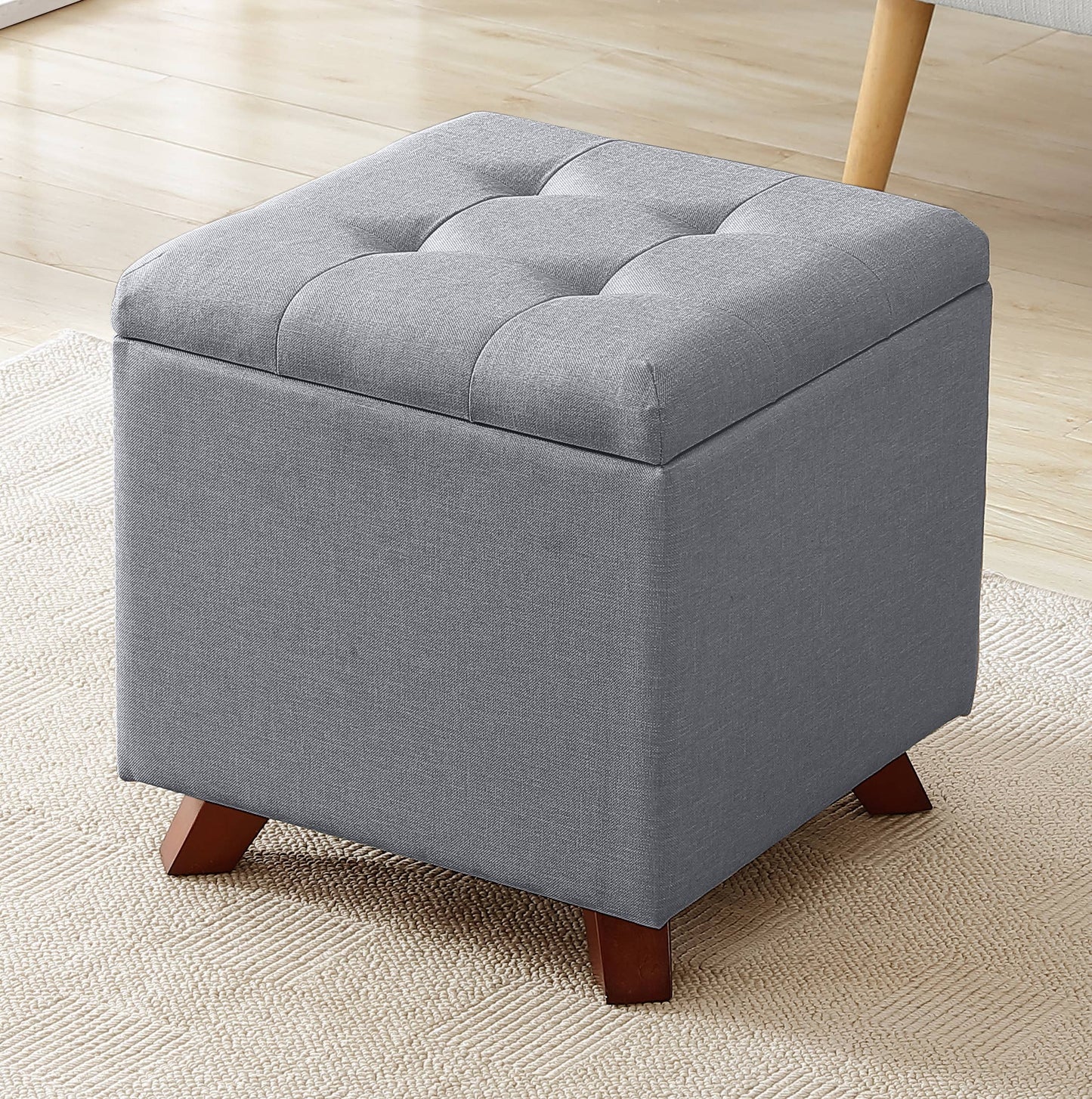 Tufted Square Storage Ottoman with Lift Off Lid: Linen Beige