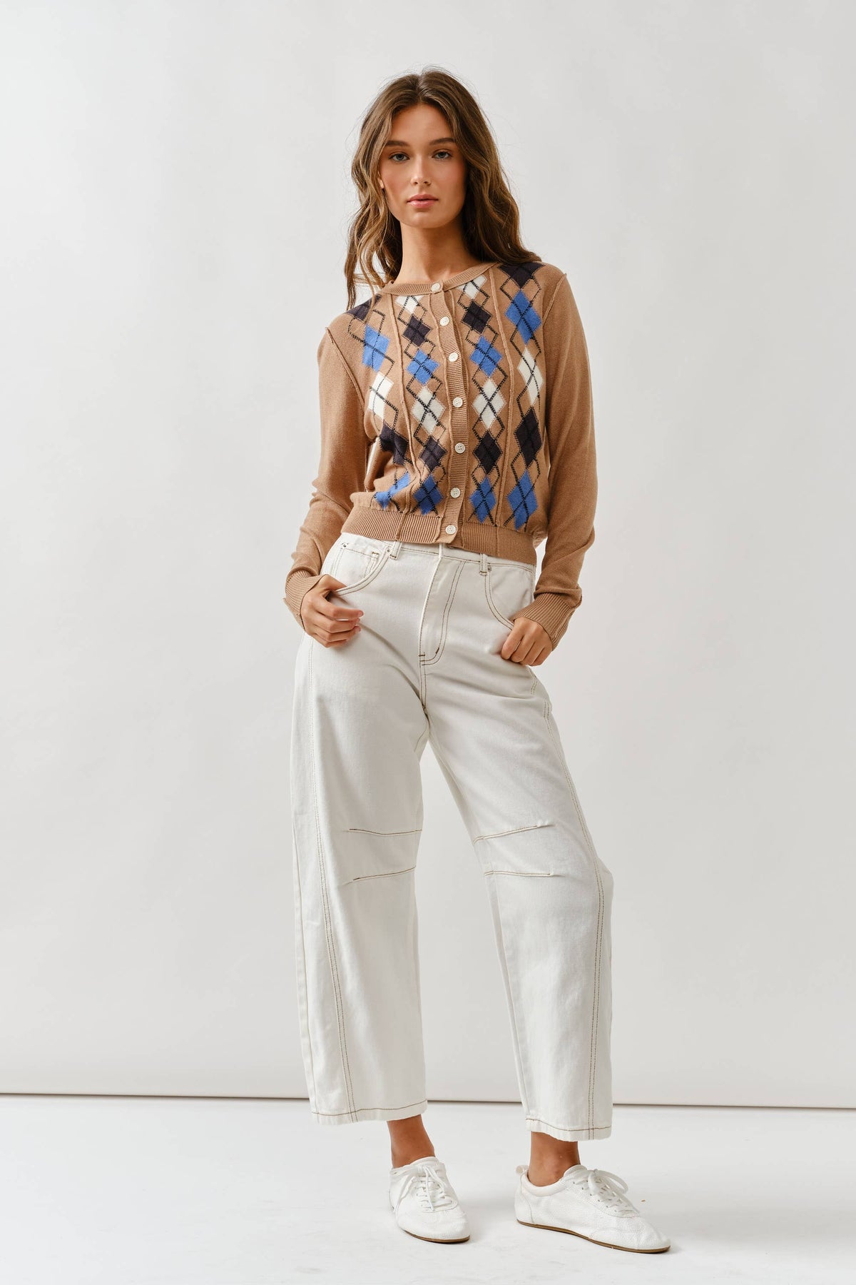 Aaron & Amber - AJT5092 RELAXED FIT ARGYLE SWEATER CARDIGAN: TAUPE / L