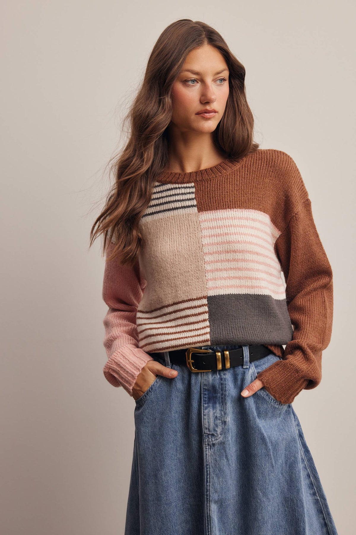 Forte - Colorblock Mixed Stripe Knit Sweater FSW0099: Blue Multi / Contemporary / L