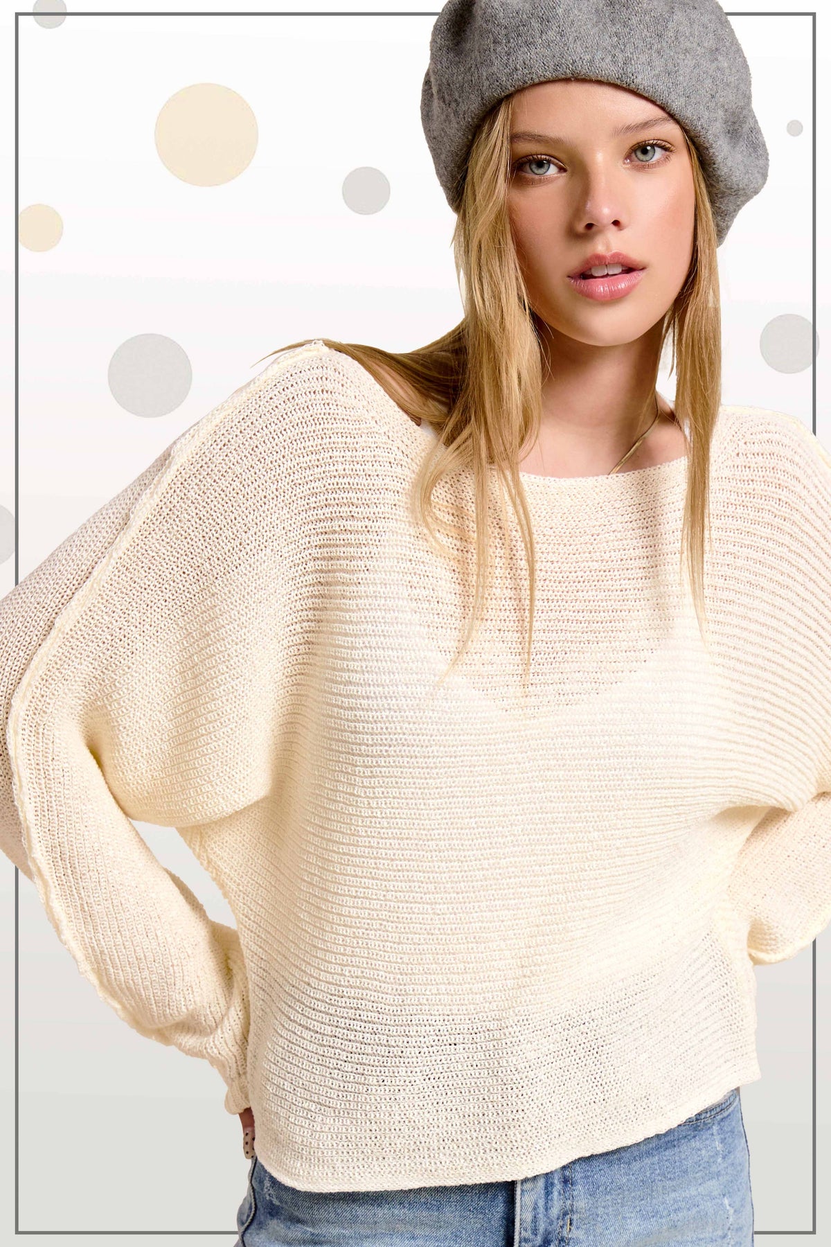 La Miel - JDS3608-Boat Neck Off Shoulder Dolman Sleeve Sweater Fall: Denim / M