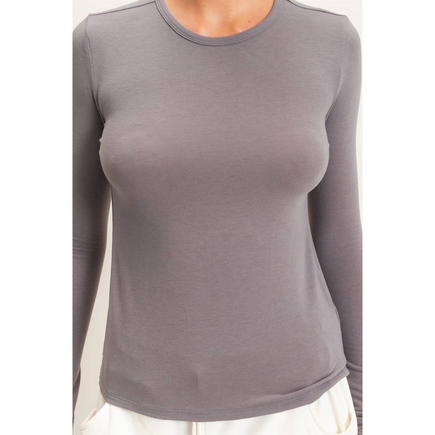 Crew Neck Long Sleeve Top: CHARCOAL
