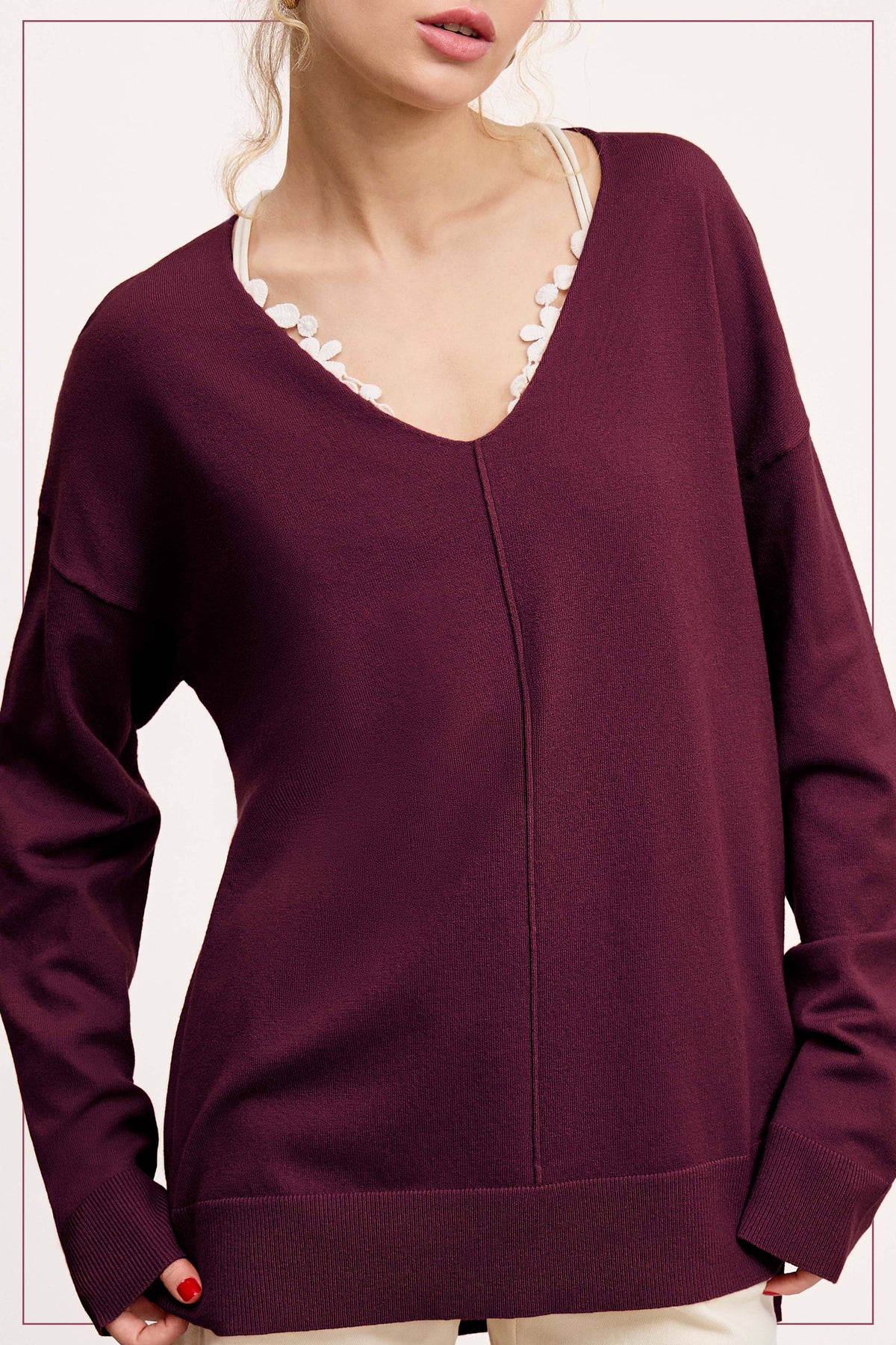 La Miel - JBS3122-V-neck Long Sleeve Lightweight Knit Top Christmas: Apple Green / L