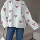 Ladies Color Block Heart Pullover Sweater: WHITE/PINK