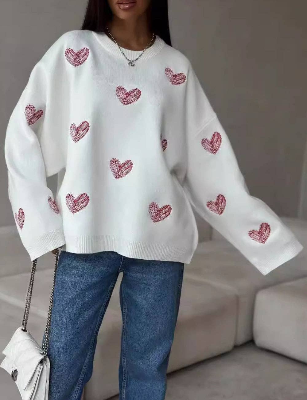 Ladies Color Block Heart Pullover Sweater: WHITE/PINK