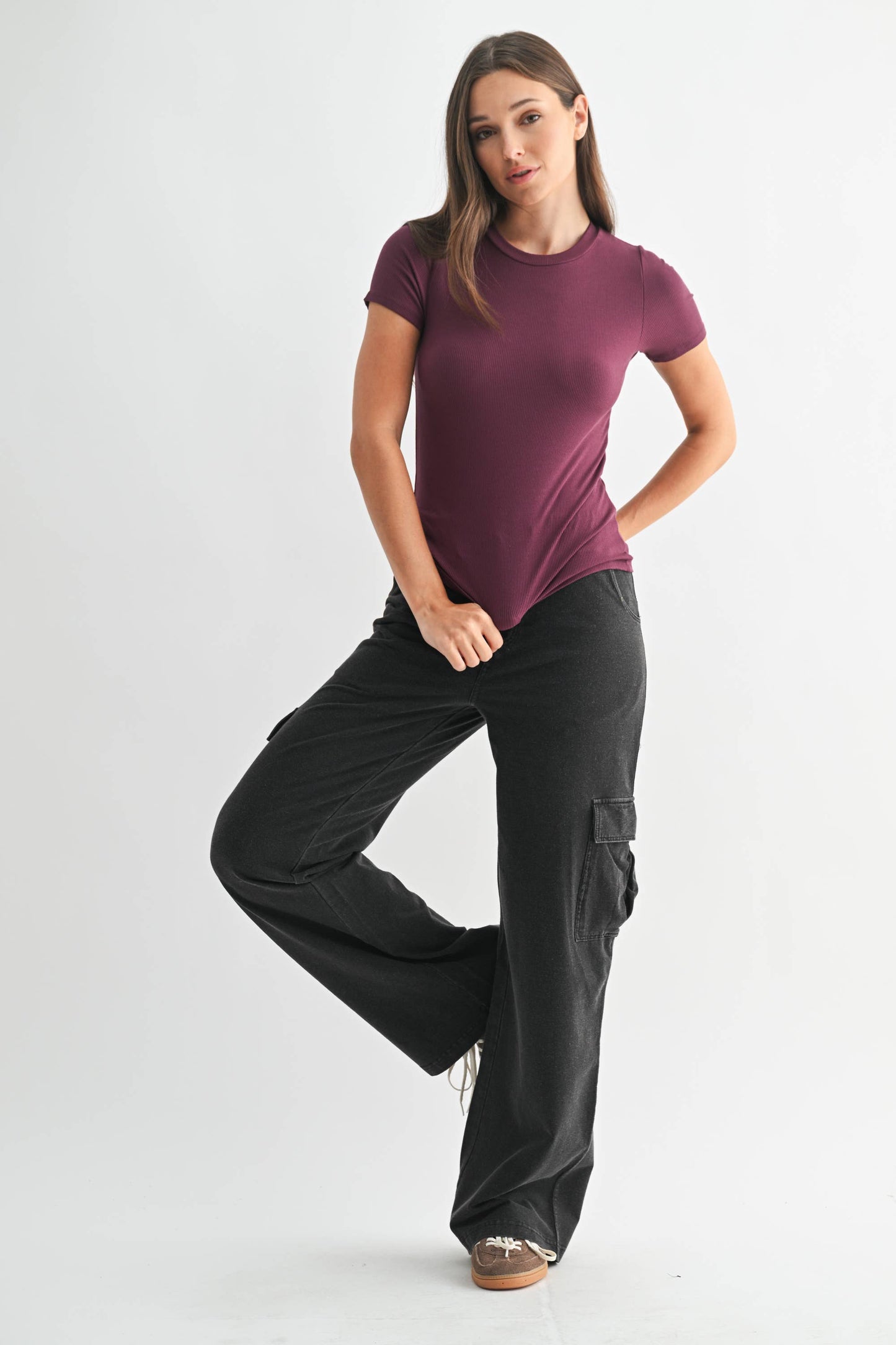 Mono B - Essential Short-Sleeved Micro-Ribbed Athleisure Top: DARK PLUM / S:M:L (2:2:2)