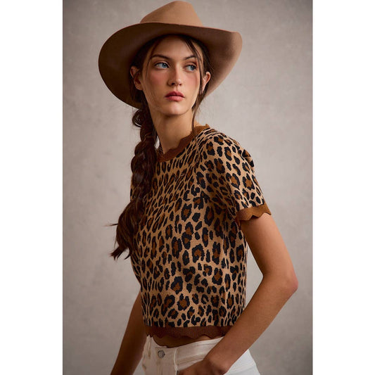 Leopard Print Short Sleeves Rib Knit: LEOPARD/BROWN