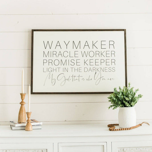 Waymaker | Wall Art: Soft White-Black Text / Light Brown Frame / 24 inches x 16 inches