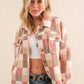 Checkered Teddy Chest Pocket Oversized Jacket: PINK