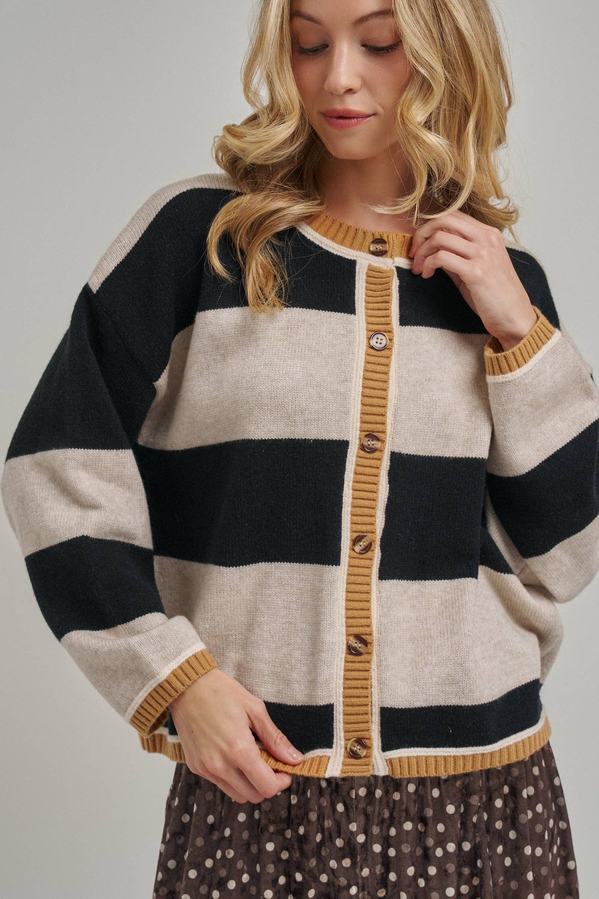 BON - WIDE STRIPE EVERYDAY COZY FALL SWEATER CARDIGAN_JLT00445-01: BLUE/BROWN / S-M-L(2-2-2)