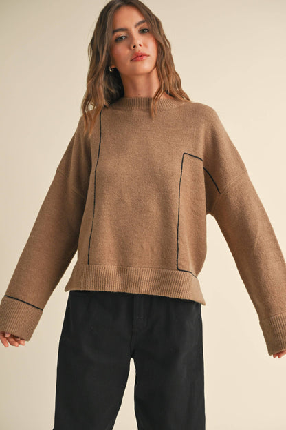 GRID PATTERN SWEATER TOP: MOCHA/BLACK