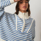 Creamon - Preppy Californian Half-zip Striped Sweater-BLUE: BLACK / S
