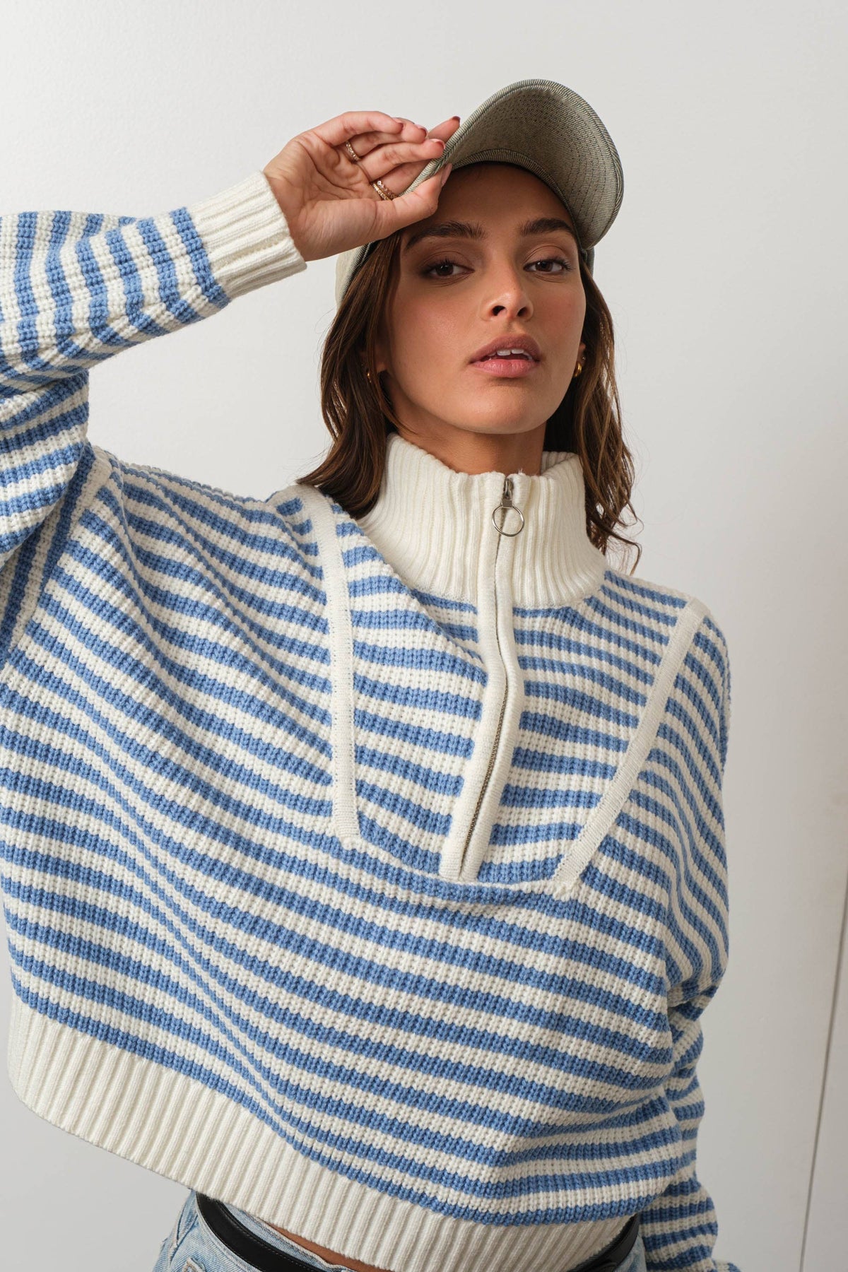 Creamon - Preppy Californian Half-zip Striped Sweater-BLUE: BLACK / L