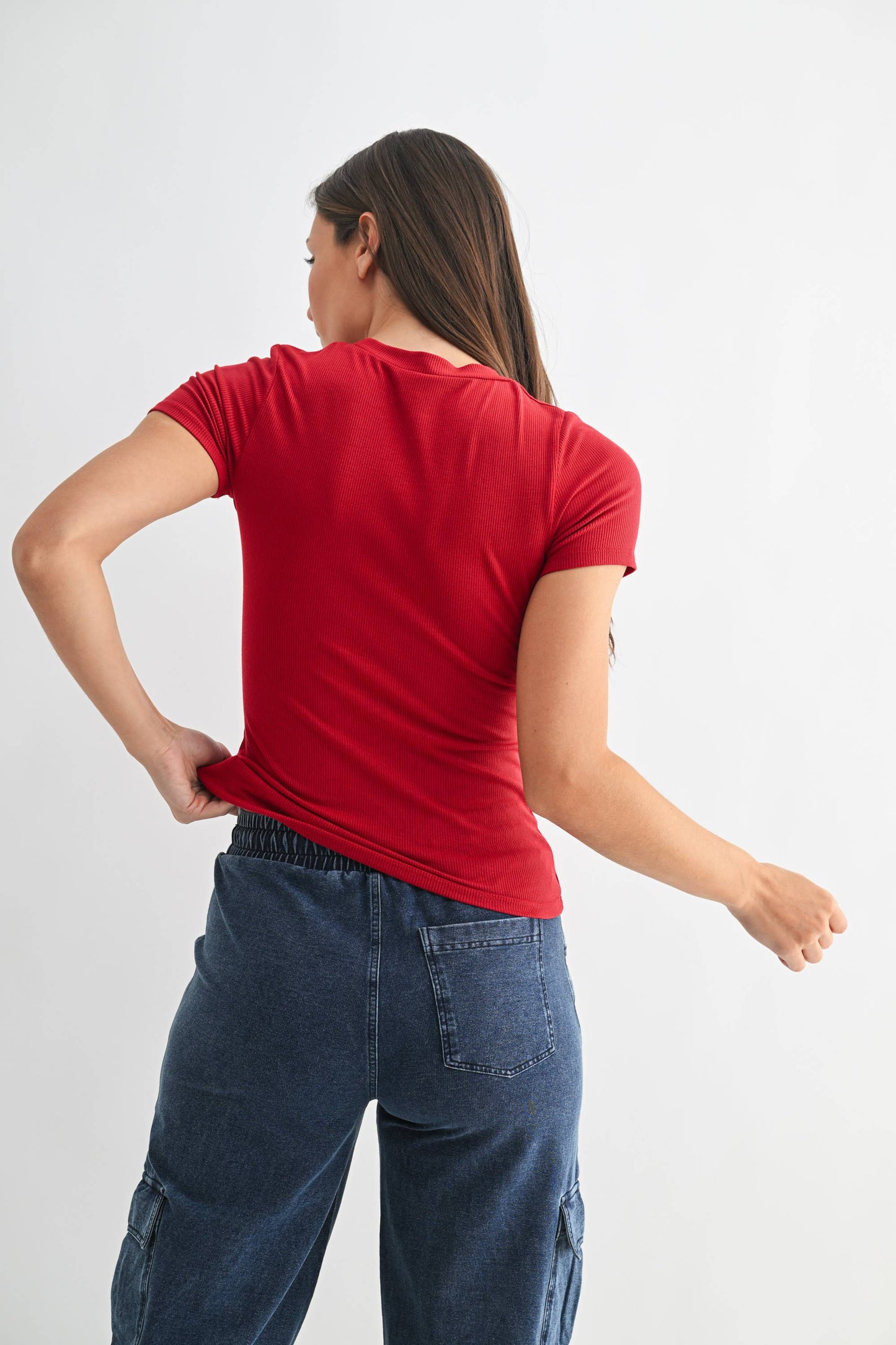 Mono B - Essential Short-Sleeved Micro-Ribbed Athleisure Top: DARK PLUM / S:M:L (2:2:2)