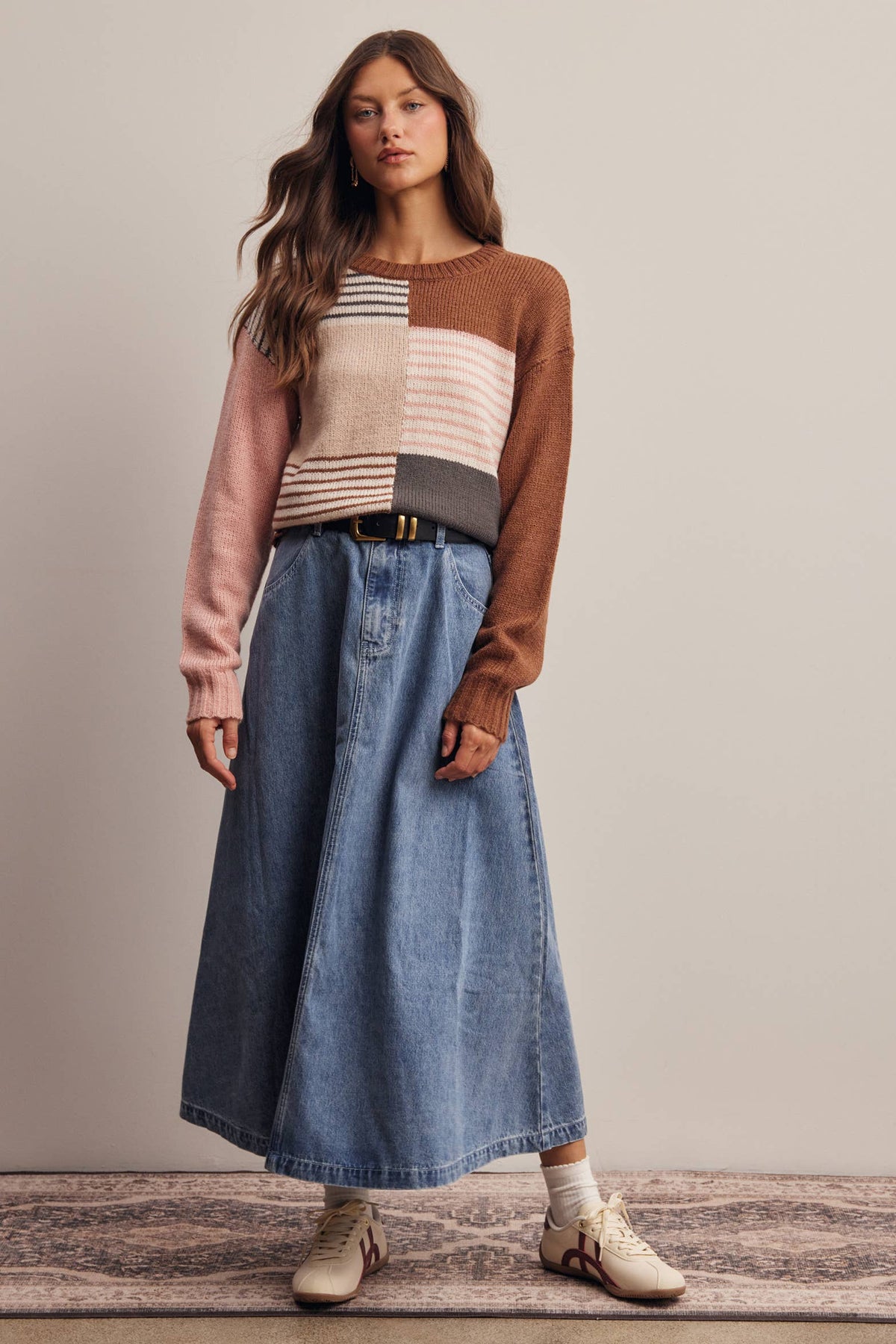 Forte - Colorblock Mixed Stripe Knit Sweater FSW0099: Blue Multi / Contemporary / S