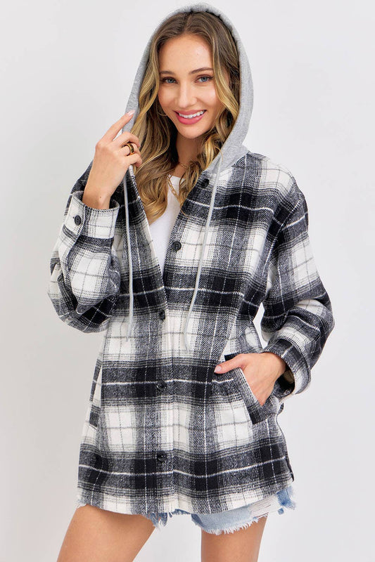 Classic Plaid Hooded Shacket: IVORY/BLACK