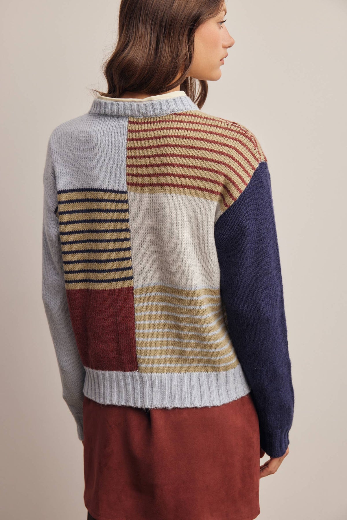 Forte - Colorblock Mixed Stripe Knit Sweater FSW0099: Blue Multi / Contemporary / L
