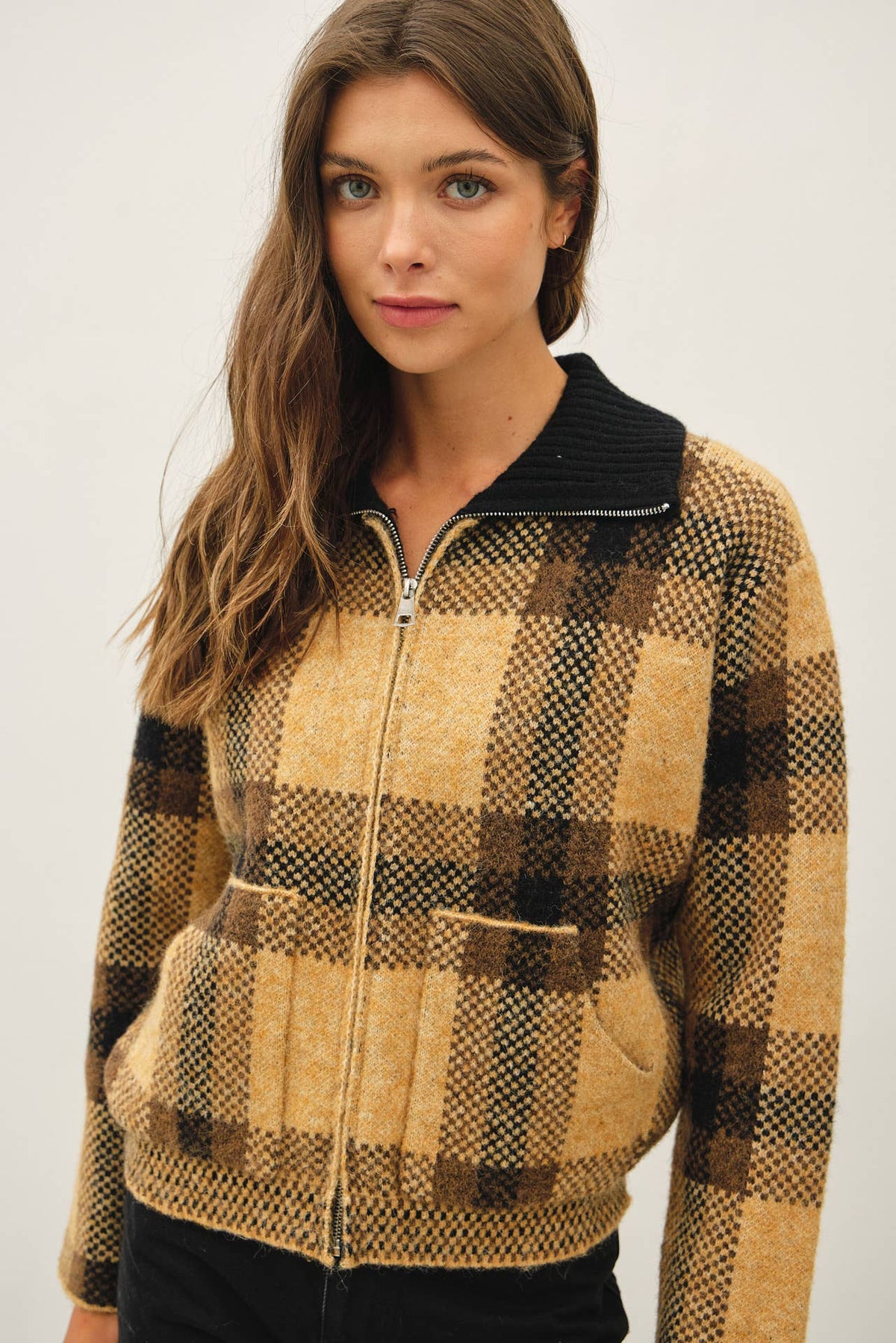 Be Cool - PLAID ZIP UP SWEATER JACKET : BLUE / S