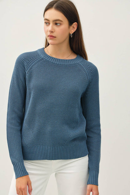 Crew Neck Pullover Sweater w Crochet Detailing: Teal Blue