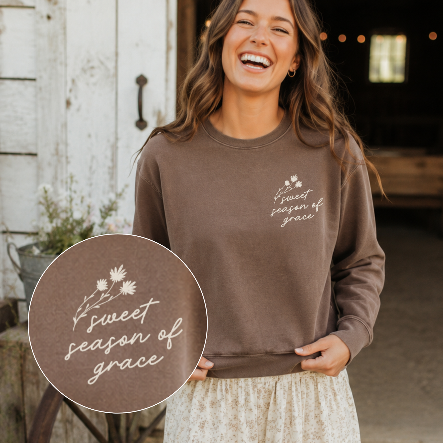 Scripted Pearl | Christian Apparel & Gifts - Grace Embroidered Comfort Colors Mid-Length Fall Sweatshirt: Espresso / S