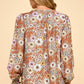Les Amis - Floral Print Long Sleeve Blouse with Ruffled Neck: Mocha / M