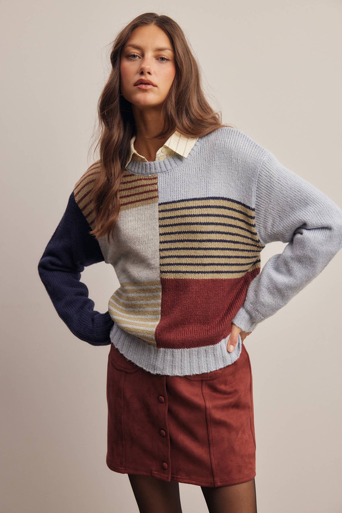 Forte - Colorblock Mixed Stripe Knit Sweater FSW0099: Blue Multi / Contemporary / L