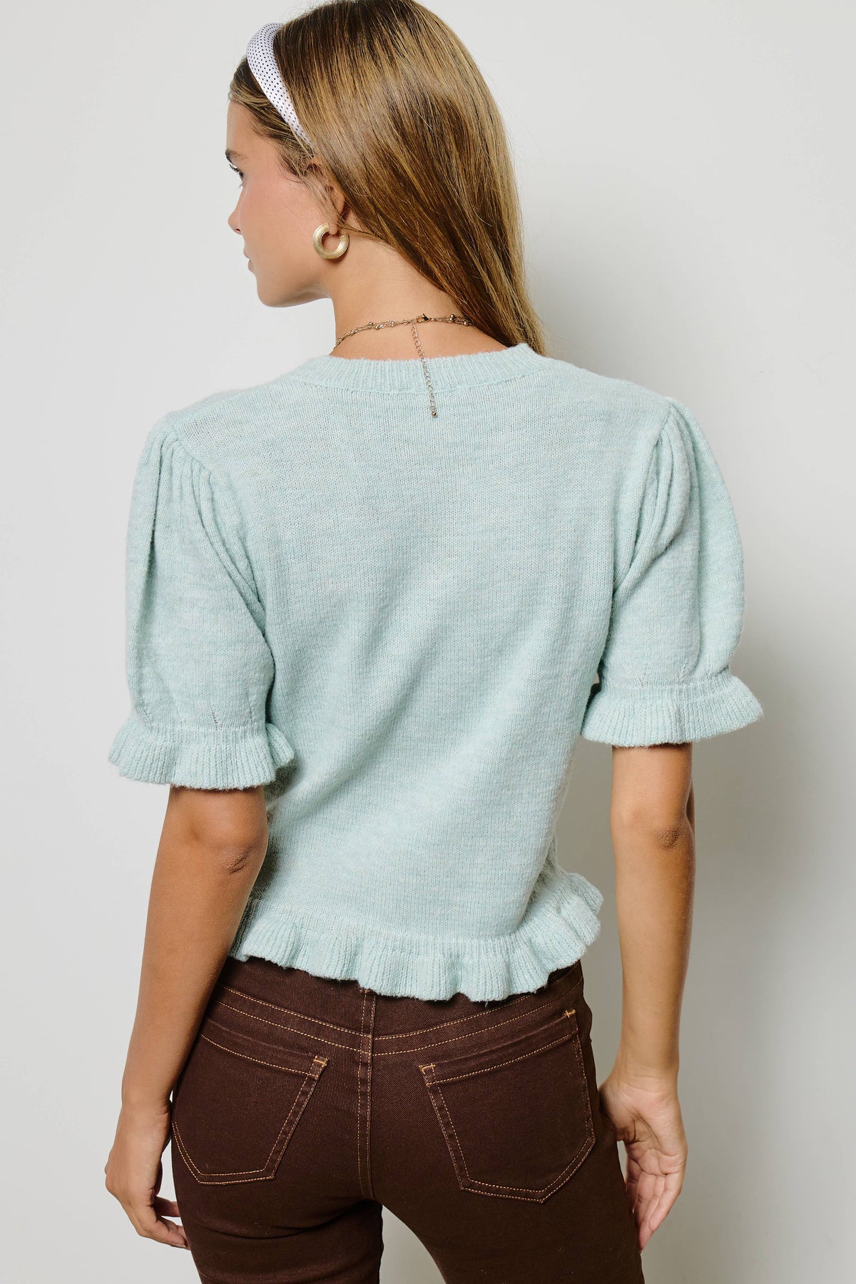 Mimosa - Puff Sleeve Ruffle Hem Knit Cardigan: Ivory / L