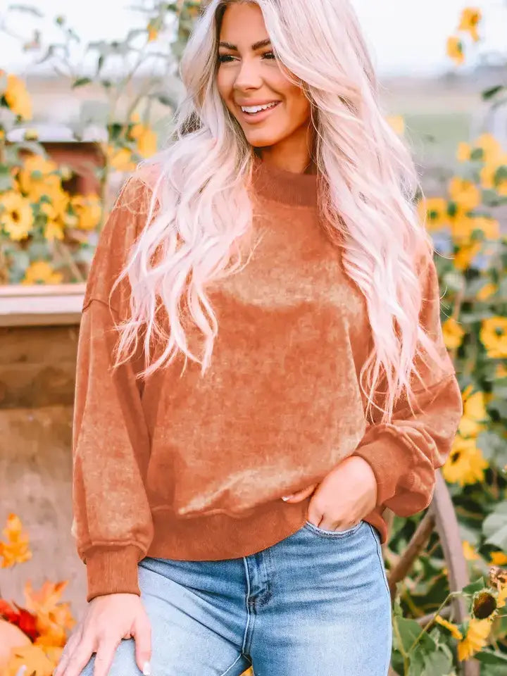 Lovesoft - Green Drop Shoulder Crew Neck Pullover Sweatshirt: Brown / 75%Polyester+25%Cotton / S